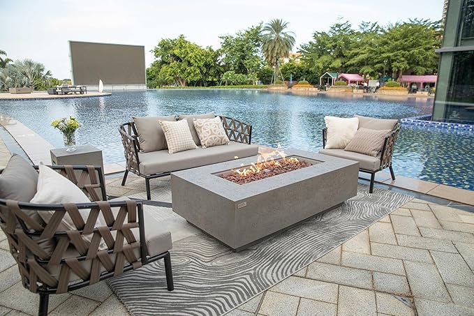 AMS Creations | Madison 60" Rectangular Propane Gas Outdoor Fire Pit Table | Light Gray Concrete GFRC | Limestone Texture or Surface | Electronic Ignition | Outside Backyard Fireplace