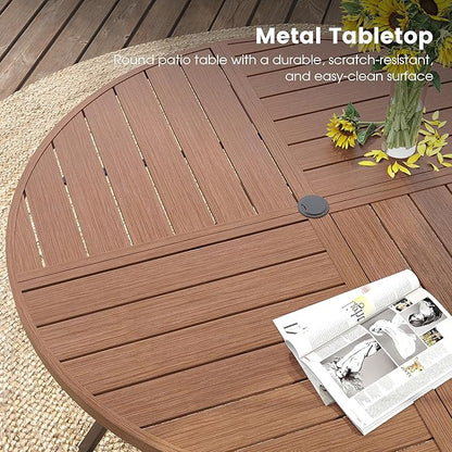 DIFY 5 Pieces Outdoor Patio Dining Set, 4 Brown Textilene Swivel Dining Chairs and 40.6" Walnut Round Metal Dining Table, Outdoor Table and Chairs