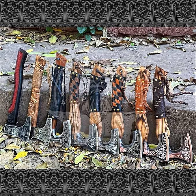 SHINY CRAFTS® Handcrafted Decorative Viking Axe with Leather-Wrapped Handle & Sheath – Engraved Blade – Ceremonial Collectible Gift for Men, History Buffs, Cosplay & Display (Set of 8 Viking Axes)