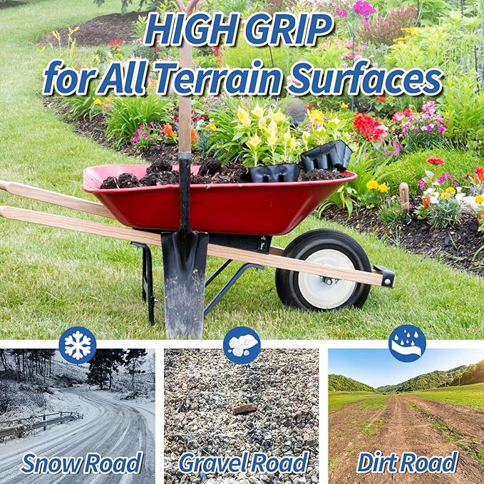 14.5" Wheelbarrow Flat Free Tire, Fits 4.80/4.00-8, 3.50/2.50-8, 4.00-6, 4.00-8, Wheelbarrow Wheels, 5/8" Bearing with Extra 3/4" Bearing, 3" -6" Centered Hub