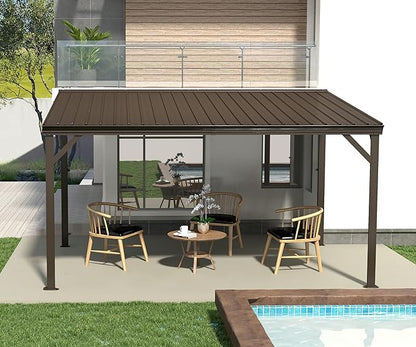 Domi 10’x12’ Lean-to Gazebo, Hardtop Wall-Mounted Gazebo Pergola with Sloping Galvanized Steel Roof and Upgraded Drainage System, Outdoor Permanent Metal Shelters for Patio Backyard Deck, Brown