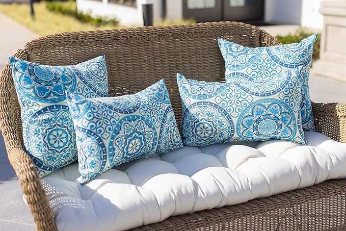RSH Décor Lumbar Throw Pillows – Set of 4 | 20” x 12” Outdoor Pillows | All-Weather Spun Polyester Fabric | Water & Fade Resistant | Blue Wheel Indigo Patio Pillows
