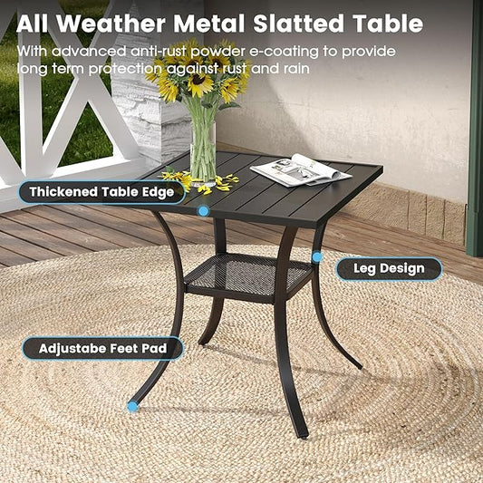 DIFY 3 Pieces Outdoor Patio Dining Set for 2, 27.6" Small Black Square Metal Dining Table and 2 Brown Textilene Swivel Dining Chairs, Outdoor Table and Chairs