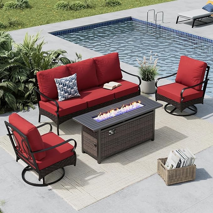 MFSTUDIO 4 Pieces Outdoor Patio Furniture Set, Metal Outdoor Conversation Set, Rattan Wicker Patio Sectional Set with 2 x Swivel Single Sofa, 3-Seat Sofa, 1 x Fire Pit Table, Red