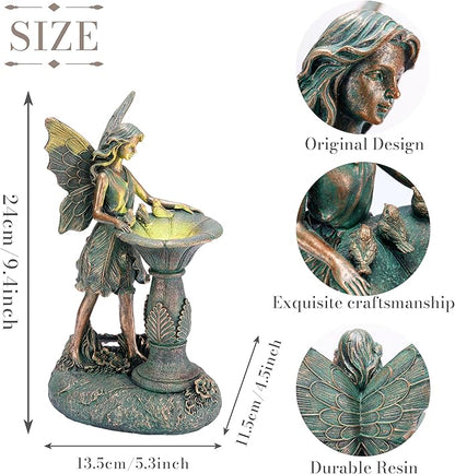 TERESA'S COLLECTIONS Fairy Garden Statues with Solar Outdoor Light for Outdoor Decor, Bronze Fairy Resin Garden Sculptures & Statues Decor, Yard Art for Lawn Housewarming Gifts for Mom 9.4"