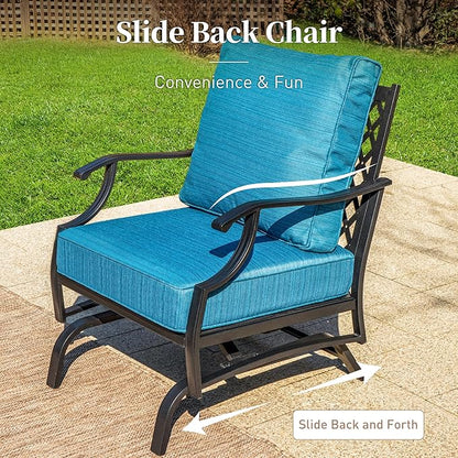 7 Piece Metal Outdoor Patio Furniture Sets, Patio Conversation Sets 3-seater Sofa, 2 Fixed Chair, 2 Rocking Chair, 2 Ottomans with 5.75" Thick Cushion, Black Backyard Furniture, Blue-2