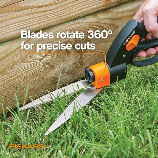 Fiskars Shear Ease Grass Shears - 5" Stainless Steel Blades - 360-Degree Swivel Blade Plant Cutting Scissors - Garden Shears and Grass Cutter, Black