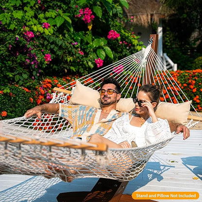 Lazy Daze Hammocks Double Rope Hammock, 2 Person Traditional Outdoor Hand Woven Cotton Rope Hammock with Spreader Bar, Chains, Tree Straps for Patio Yard - Max 450 Lbs, Natural
