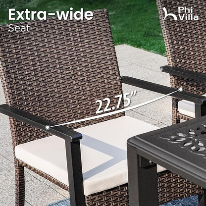 PHI VILLA 7 Pieces Expandable Cast Aluminum Outdoor Dining Set for 6, Extendable Metal Table with Umbrella Hole & Cushioned Wicker Chairs, Dining Furniture Set for Patio, Deck, Yard and Porch