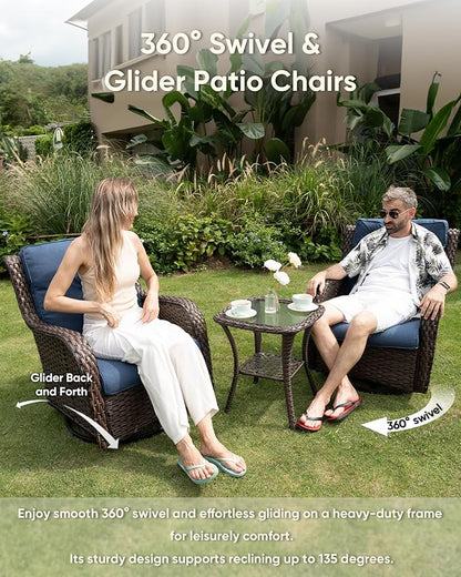 7-Piece Outdoor Wicker Patio Furniture Set with Swivel Glider Chairs, 3-Seat Sofa, Coffee Table & Ottomans 5” Olefin Cushions Ergonomic Neck-Lumbar Backrest All-Weather Rattan for Garden, Deck, Porch