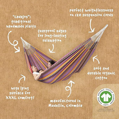 La Siesta® Flora Classic Organic Cotton Hammock - Indoor Outdoor Hammock, Patio Bed Tree Portable Hammock, 2 Person Double Hammock - King, Flower