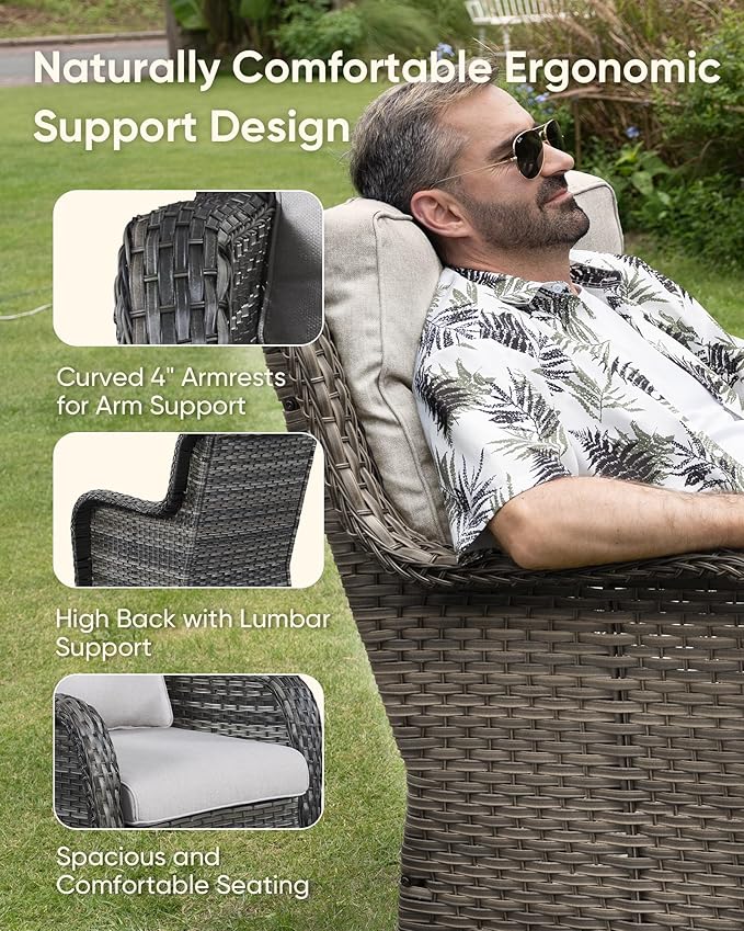 HUMMUH Outdoor Swivel Rocker Wicker Patio Chairs Set of 2, Rattan Rocking Chair Furniture Set (Grey,Beige)