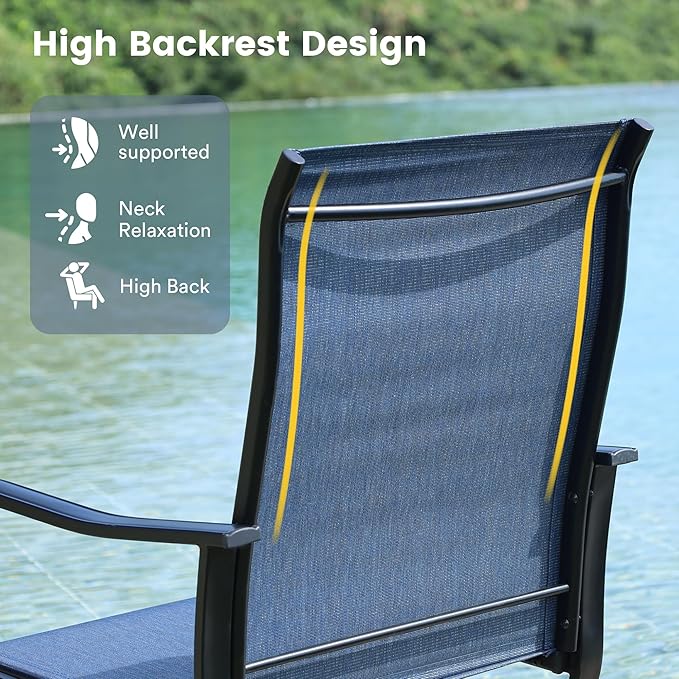 VICLLAX Patio Dining Set for 2, 3 Pieces Outdoor Furniture Includes 27.5" Small Round Patio Table and 2 Outdoor Swivel Chairs for Lawn Garden, Black Tabletop and Blue Fabric