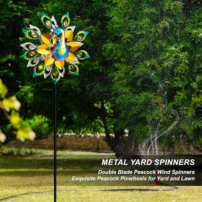 Outdoor Peacock Wind Spinners Featuring Glittering Gem Decor, 13.5" D x 65" H Double Layer Kinetic Wind Sculptures, 360° Rotatable Metal Garden Wind Spinners for Yard and Outdoor Decor Blue