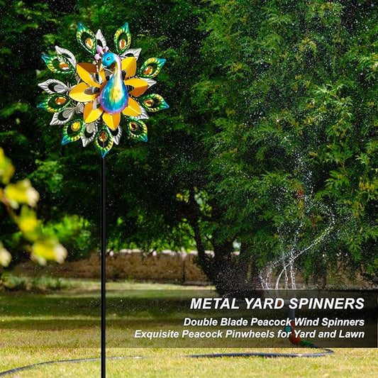Outdoor Peacock Wind Spinners Featuring Glittering Gem Decor, 13.5" D x 65" H Double Layer Kinetic Wind Sculptures, 360° Rotatable Metal Garden Wind Spinners for Yard and Outdoor Decor Blue