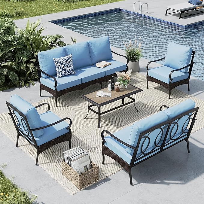 MFSTUDIO 5 PCS Outdoor Patio Furniture Set, Metal Outdoor Conversation Set, Rattan Wicker Patio Sectional Sofa Set with 2 x Fixed Single Sofa, 2-Seat and 3-Seat Sofa, 1 x Coffee Table, Blue