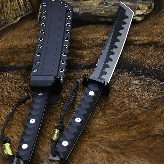 BA-KOR 15.8in Full Tang Japanese Style Outdoor Knife –8mm DC53 Steel, Nylon Fiber Handle &Sheath, Hunting Survival Knife+(5.9in) cerium igniter (Black handle and black blade (8mm))
