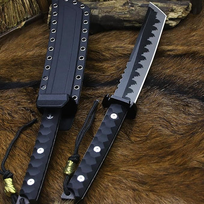 BA-KOR 15.8in Full Tang Japanese Style Outdoor Knife –8mm DC53 Steel, Nylon Fiber Handle &Sheath, Hunting Survival Knife+(5.9in) cerium igniter (Black handle and black blade (8mm))