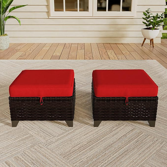 Vista Vibe 2 Pieces Patio Wicker Ottomans, Luxurious Footstools, Outdoor Small Footrest, Wicker Furniture with Removable Cushions,All-Weather PE Rattan, Garden, Backyard, Porch(Brown/Red)