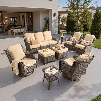 ovios 9 Pieces Patio Furniture Set, Outdoor Wicker Sofa Couch with Swivel Chairs Ottomans Comfy Cushions, High Back All Weather Modern Conversation Sets, Brown Rattan, Beige