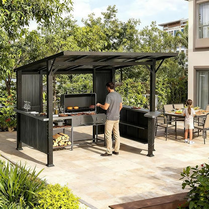Gotland 10 FT x 10 FT Hardtop Grill Gazebo, BBQ Gazebo with 2 Extended Countertop 2 Side Shelves Drainage Holes Sloping Roof, Metal BBQ Canopy in 2 Combination Styles, for Patio Backyard Black