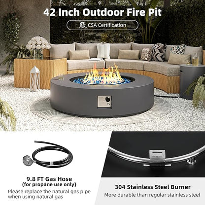 UPHA 42-inch Outdoor Propane Gas Fire Pit Table 50000 BTU Concrete Round FirePit for Outside Patio with Propane Tank Cover, Blue Glass Rocks, Rain Cover, Grey