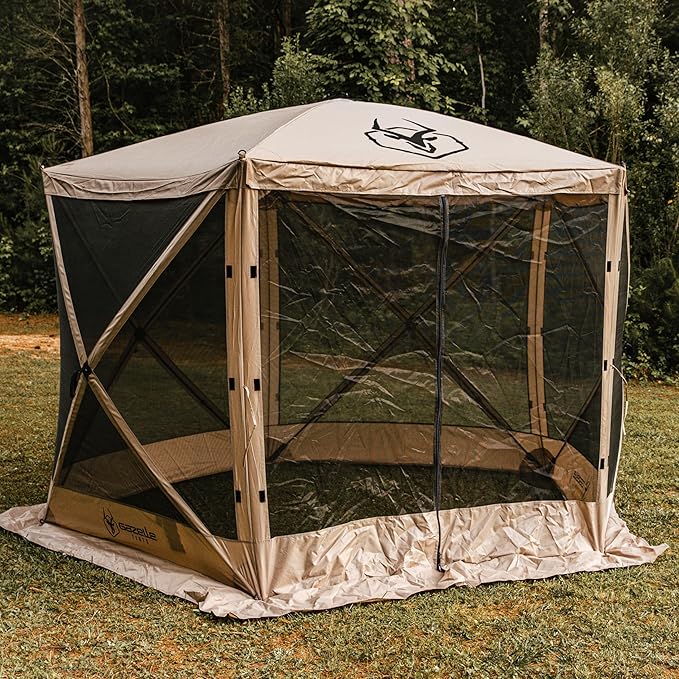 Gazelle Tents™, G5 5-Sided Portable Gazebo, Easy Pop-Up Hub Screen Tent, Durable, TriTech Mesh, Waterproof, UV Resistant, 4-Person & Table, Desert Sand, 85" x 115" x 106", GG502DS