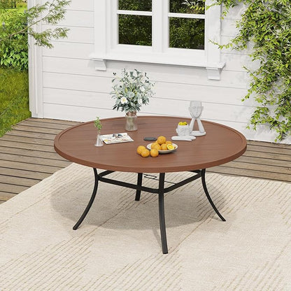 VICLLAX Outdoor Patio Round Dining Table, 53"x 53" Metal Slatted Round Tabletop with Adjustable Umbrella Hole for Deck Lawn Garden Backyard, Walnut