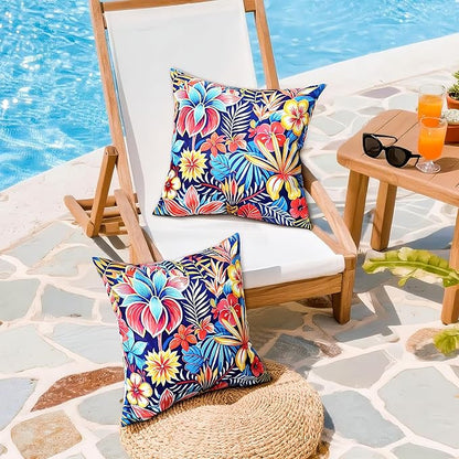 Outdoor Pillow Covers 18x18 Inch Set of 2 Tropical Floral Plants Boho Throw Pillows Cases Waterproof Square Garden Cushion Sham for Patio Funiture Tent Balcony Bench Sofa Couch, Blue