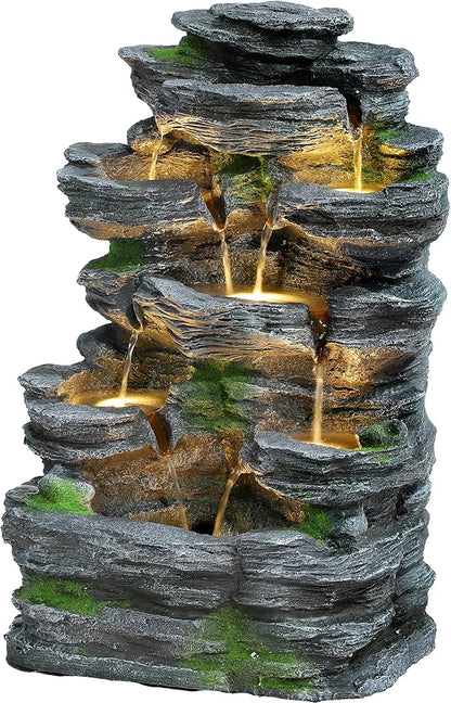 7-Tiers Garden Waterfall Fountain Outdoor - Water Fountains and Waterfalls, Outdoor/Indoor Floor Standing Resin Water Fountain with LED Light for Patio, Garden and Backyard, Deck, Porch, Home