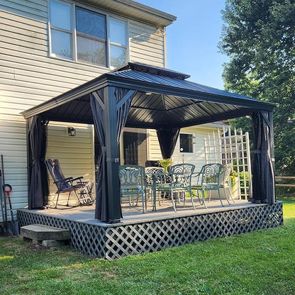 Domi 12' X 14' Hardtop Gazebo Permanent Aluminum Outdoor Gazebo with Galvanized Steel Double Roof, Drainage Gutters, Curtains, and Netting for Party, Wedding, Dining