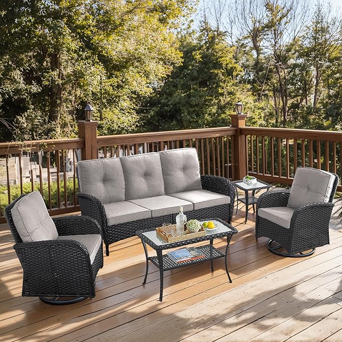 5 Piece Patio Furniture Set - Wicker Patio Conversation Set with Swivel Glider, 3 Seat Sofa, Tempered Glass Side Table and Coffee Table for Deck Backyard - Black Wicker Beige Cushion