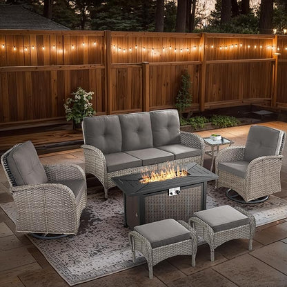 7 Piece Patio Furniture Set with Fire Pit Table - Wicker Patio Conversation Set with Swivel Glider, 3 Seat Sofa, Side Table and 2 Ottomans for Deck Backyard - Grey Wicker Grey Cushion