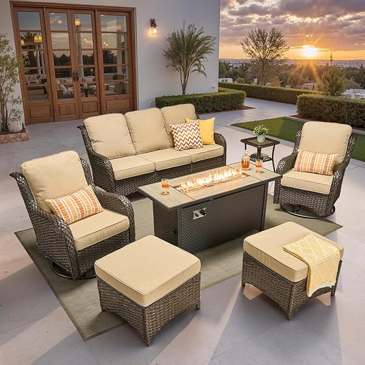 ovios 7 Pieces Patio Furniture Set, Outdoor Wicker Sofa Couch with Swivel Chairs 54" Fire Pit Table, High Back All Weather Modern Conversation Sets, Brown Rattan, Beige