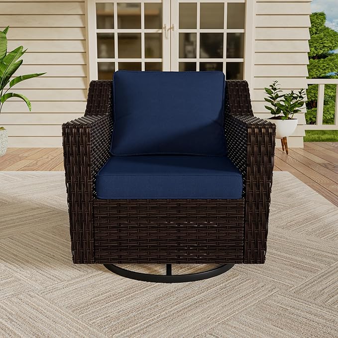 Vista Vibe Outdoor Patio Deep Seat Luxurious Chair - 360 Degree Swivel Glider Rocker Chair with Washable Cushions, Hand-Woven & All-Weather PE Rattan, Balcony, Yard (Brown/Navy)