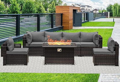 Outdoor Patio Furniture Set with Propane Fire Pit Table, 8 Pieces Furniture Patio Sectional Sofa Conversation Set w/ETL Approved 43" Gas Outdoor Fire Table & Coffee Table (Grey)