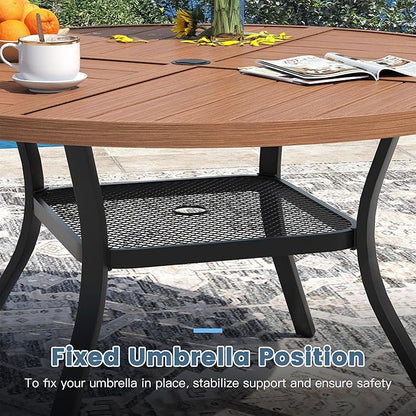 DIFY 47.2" Round Outdoor Patio Dining Table for 6, All-Weather Metal Steel Slatted Patio Table with 1.57" Adjustable Umbrella Hole, for Lawn Garden Porch Backyard, Walnut