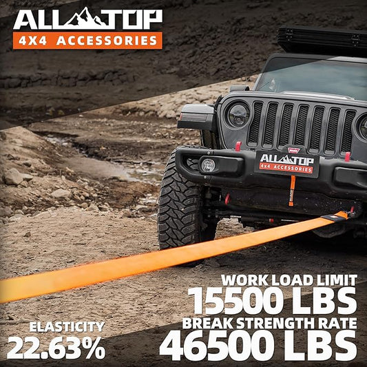ALL-TOP Recovery Snatch Strap, 4in x 30ft - 46500Lbs, Extreme Duty 100% Nylon Kinetic Towing Recovery Strap with 22% Elongation & Reinforced Loops
