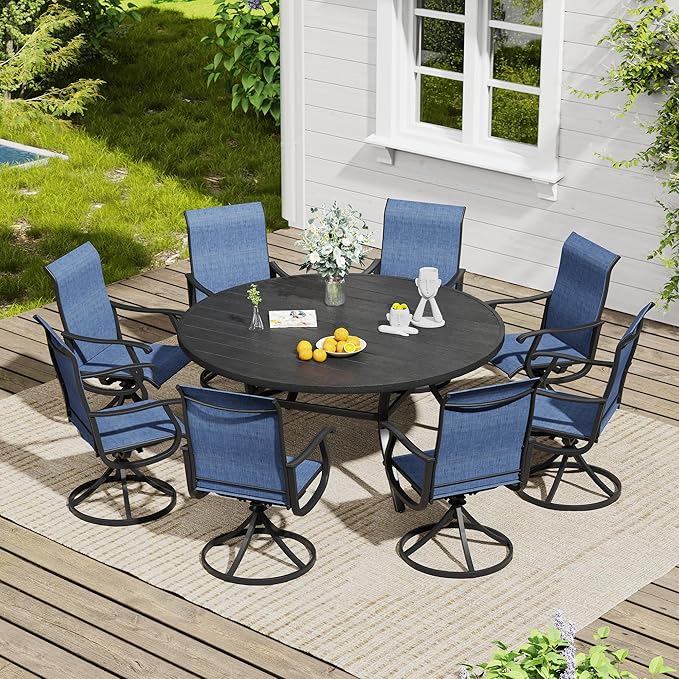 VICLLAX 9 Pieces Outdoor Dining Set, Patio Furniture Set of 8 Patio Swivel Dining Chairs and Plastic Round Patio Table with Umbrella Hole, Navy Blue Chairs & Black Tabletop