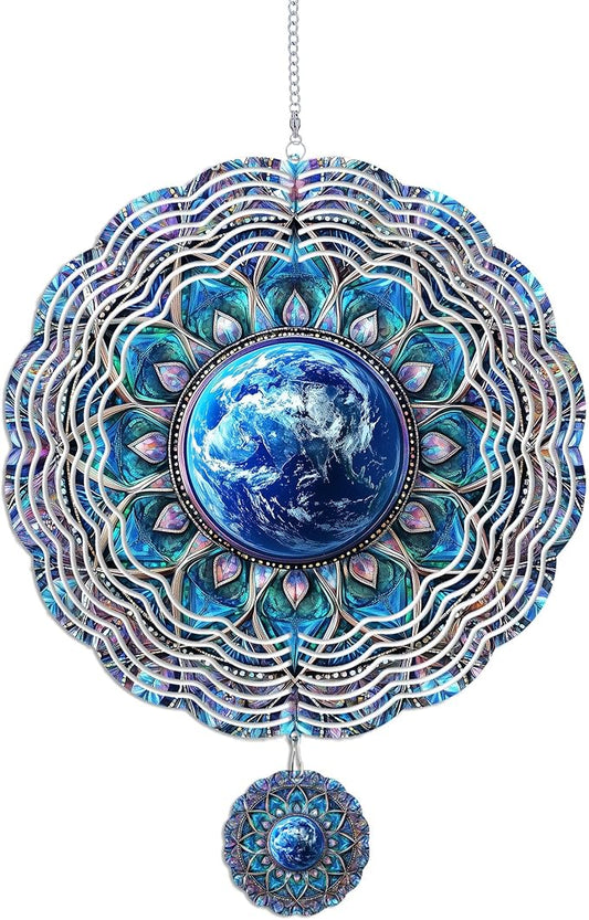 Wind Spinners Outdoor, Retro Blue Lotus Earth 3D Stainless Steel Wind Sculpture Spinner for Garden Outside Hanging Decor Mother's Day Christmas Birthday Gift for Women Men Mom Nana 13.7 in