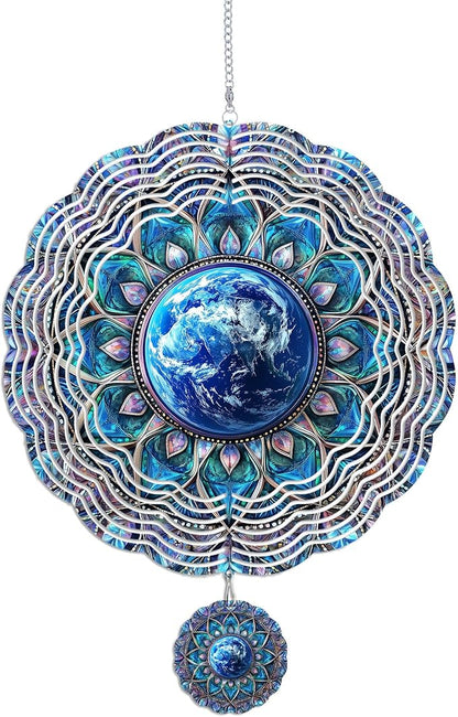 Wind Spinners Outdoor, Retro Blue Lotus Earth 3D Stainless Steel Wind Sculpture Spinner for Garden Outside Hanging Decor Mother's Day Christmas Birthday Gift for Women Men Mom Nana 9.8 in