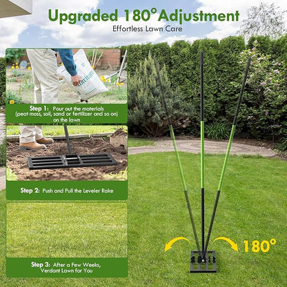 Seeutek Lawn Leveling Rake, 30” x 10” Lawn Leveler with 6.5FT Stainless Steel Handle Rakes for Lawns, 0-180° Adjustable Ground Leveler Tool for Yard, Level Soil Sand Dirt Surfaces