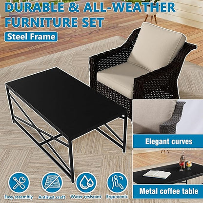 Vista Vibe 4 Pieces Outdoor Patio Conversation Furniture Set - 78" 3-seat Sofa | 2 Chairs | Metal Coffee Table, Deep Seat Loveseat, Removable Cushions, PE Rattan Couch, Lawn (Brown/Beige)