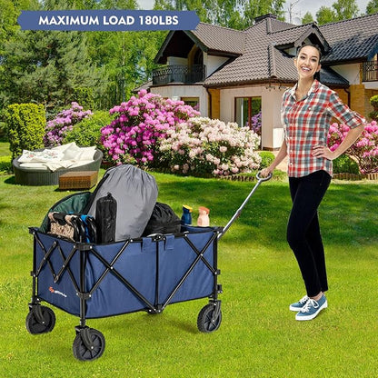 Goplus Collapsible Wagon, Folding Utility Wagon Cart w/Universal Wheels & Adjustable Handle & Cover Bag, Grocery Wagon for Garden Shopping Camping (Navy)