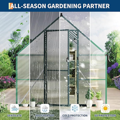8X12 ft Polycarbonate Greenhouse with Aluminum Frame, Polycarbonate Greenhouse for Outdoors, Greenhouses with Ventilation and Rain Gutter, Aluminum Large Walk-in Greenhouses for Outside