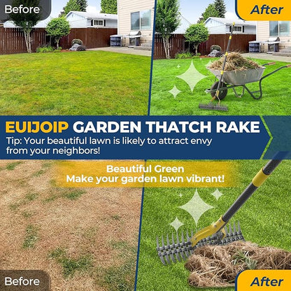 Rake, 70" Heavy Duty Metal Dethatcher Rake with 15" Wide Double-Edged Sharp Tines Thatch Rakes for Lawns,Mulch Dead Grass Removal, Loosening Soil,Lawn Care, Dethatching,Yard,Garden