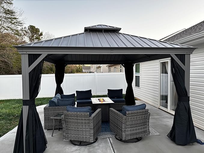PURPLE LEAF 12' X 14' Patio Hardtop Gazebo Aluminum Outdoor Gazebo with Double Galvanized Steel Roof for Deck Backyard All Weather Outdoor Pavilion Curtain and Netting Included, Light Grey
