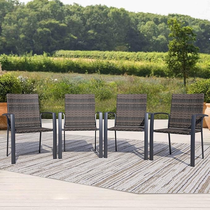 Outdoor Dining Chairs Set of 4, Stackable Patio Chairs with Woven Rattan Back & Seat, Perfect for Patio, Garden, or Deck, Rattan Gray Brown