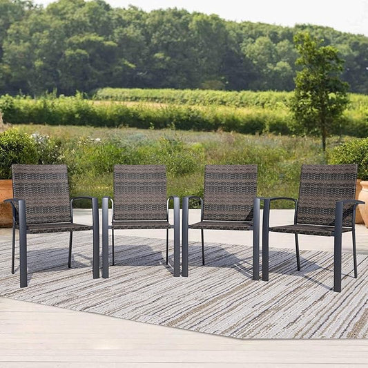 Outdoor Dining Chairs Set of 4, Stackable Patio Chairs with Woven Rattan Back & Seat, Perfect for Patio, Garden, or Deck, Rattan Gray Brown