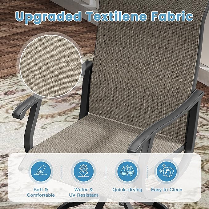 DIFY 5 Pieces Outdoor Patio Dining Set, 4 Brown Textilene Swivel Dining Chairs and 40.6" Walnut Round Metal Dining Table, Outdoor Table and Chairs